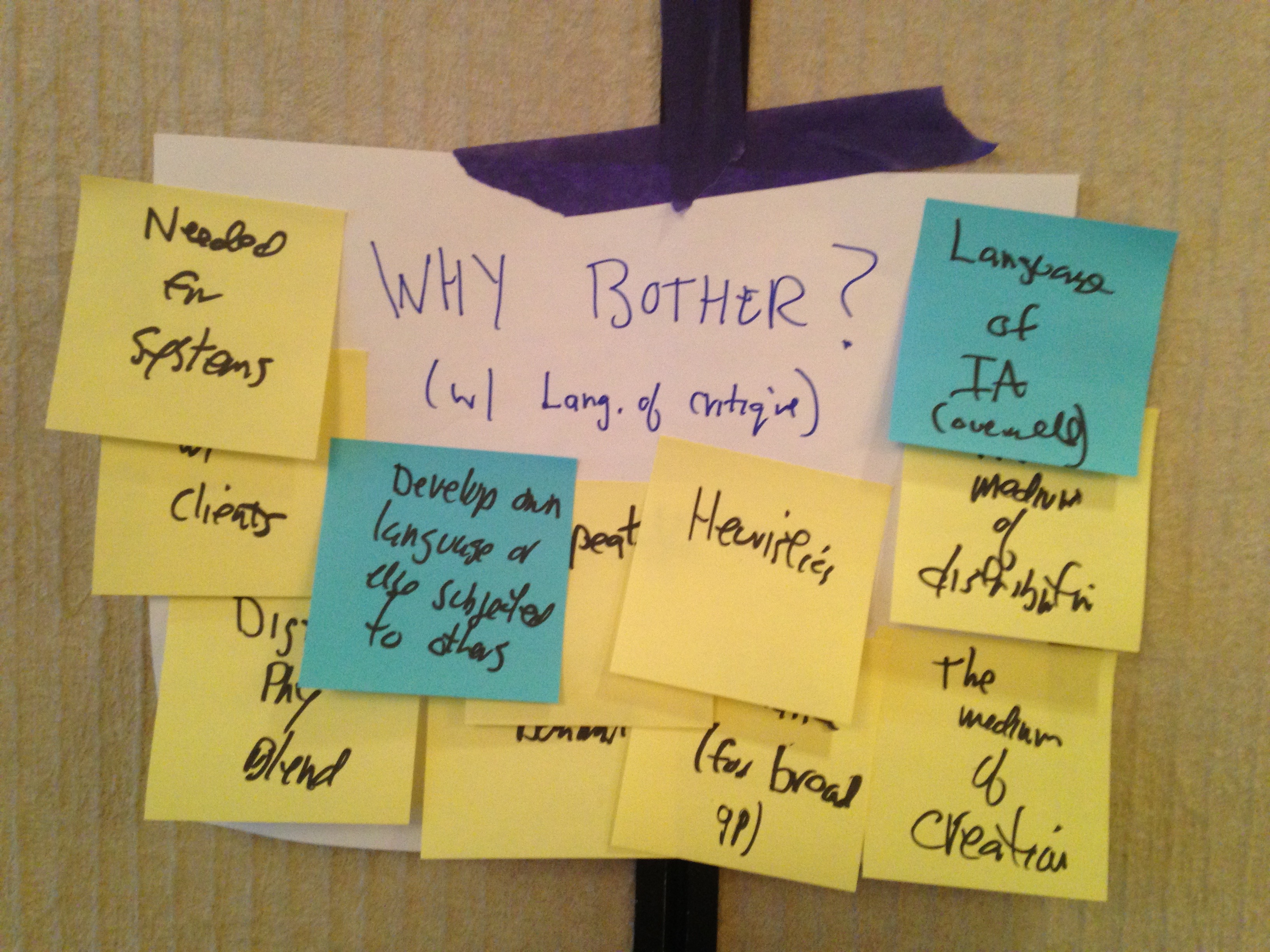 Photo of Post-it notes answering the question, "Why bother with a language of critique?"